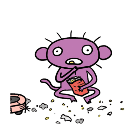 Neutral Monkey Eating Popcorn on Robot Vacuum